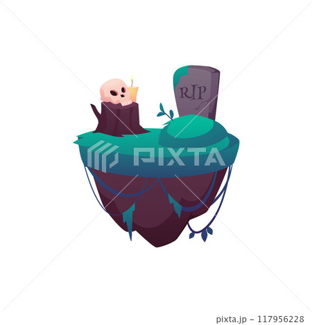 Vector illustration of a flying island with a grave and a skull on green grass Vector illustration of a flying island with a grave and a skull on green grass 117956228