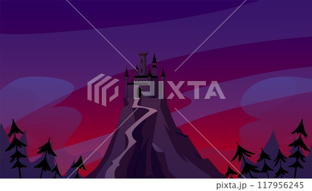 Vector illustration of a castle on a mountain with a dark forest and night sky. Vector illustration of a castle on a mountain with a dark forest and night sky. 117956245