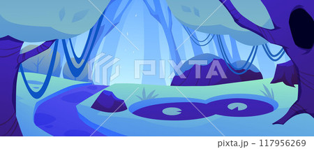 Vector illustration of a fantastic neon blue forest with trees, swamp, rocks, leaves and vines 117956269