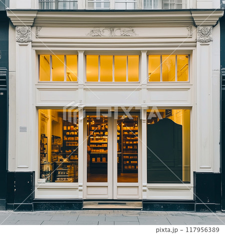 Shop front mockup, small store facade template for branding and business presentation, view of big window in European street 117956389