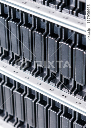 Row of hard disks used for data storage in internet data center 117956668
