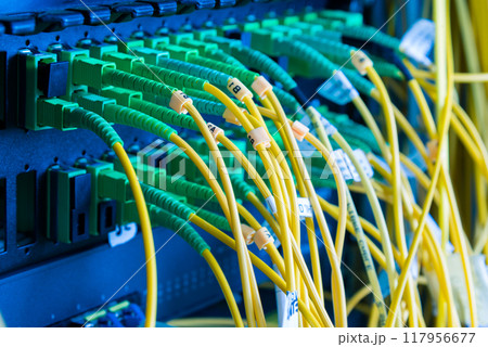 fiber optic cables plugged in network switch panel inside data center fiber optic cables plugged in network switch panel inside data center 117956677