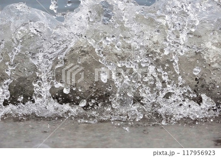 White foam and sea water drop splashes slow motion with sand and blue water White foam and sea water drop splashes slow motion with sand and blue water 117956923