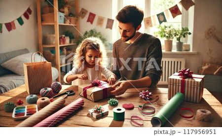 親子で手作りのギフトを準備し、包装する 親子で手作りのギフトを準備し、包装する 117956951