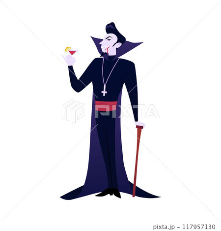 Vector illustration a vampire character in a high-collared suit drinking red blood from a glass 117957130