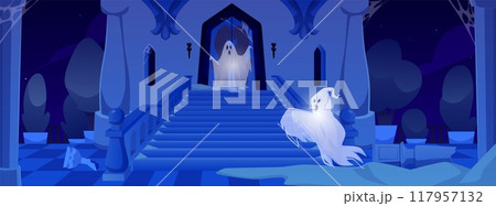 A vector illustration for Halloween, which depicts evil ghosts flying in a ruined castle 117957132