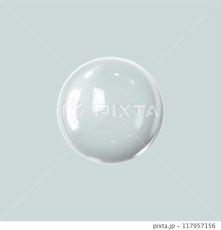 Realistic 3D glass ball with glares and highlights, vector glossy white circle pearl effect, transparent volume sphere Realistic 3D glass ball with glares and highlights, vector glossy white circle pearl effect, transparent volume sphere 117957156