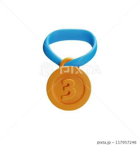 Gold metal 3d medal badge around the neck for 3rd place on a white backgroun 117957246