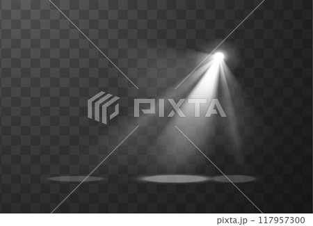Scene illumination, bright lighting, vector white projector light beams, spotlights effect, blur flashlight radiance 117957300