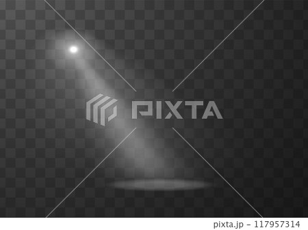 Scene illumination, bright lighting, vector white projector light beam, blur rays radiance from top, spotlight effect 117957314