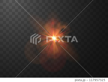 Red sunlight glare effect with halo blur radiance vector illustration, shining light beam, dazzling star rays flash 117957325