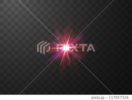Sun flare effect in pink color on a transparent background. 117957326