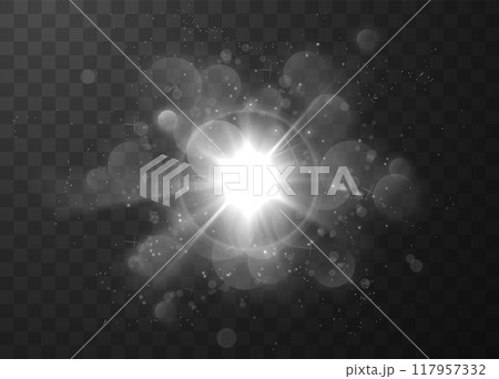 Realistic sun flare with bokeh effect and shimmering particles on a transparent background. 117957332