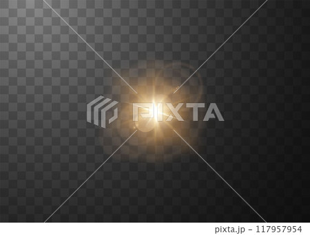 Golden sunlight glare effect with halo radiance vector illustration, shining light beam, dazzling sun flash with blur 117957954