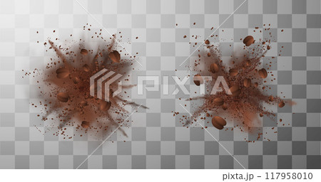 Dust explosion of ground coffee powder and grains realistic vector illustrations set, brown granules powder burst effect Dust explosion of ground coffee powder and grains realistic vector illustrations set, brown granules powder burst effect 117958010