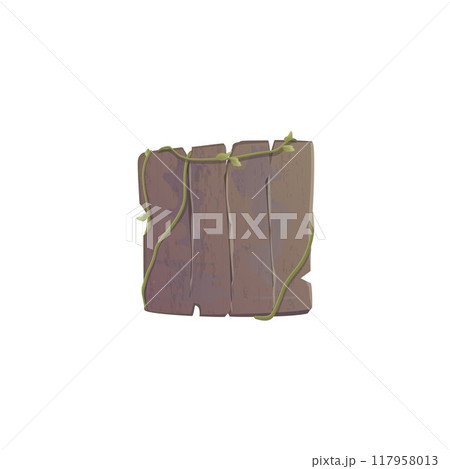Old wood signboard with liana leaves, vector cartoon empty brown plank wooden texture, text space, timber square blank 117958013