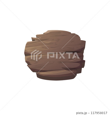 Old round shaped wooden sign made from brown planks on an isolated background. 117958017