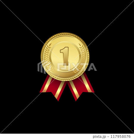 Golden round medal with red ribbon, vector winner badge with first place, laurel wreath, competition best trophy award 117958076