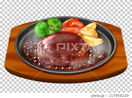 Hamburg steak, side dish, hot plate, steam 117958220