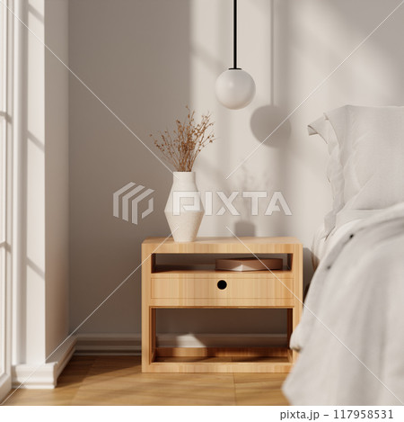Minimalist Bedroom with Wooden Nightstand and Vase - Cozy Interior Design 3D rendering Minimalist Bedroom with Wooden Nightstand and Vase - Cozy Interior Design 3D rendering 117958531