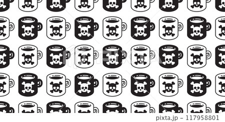 coffee cup seamless pattern Halloween skull crossbones vector cartoon character poison doodle tile background gift wrapping paper repeat wallpaper scarf isolated illustration design 117958801