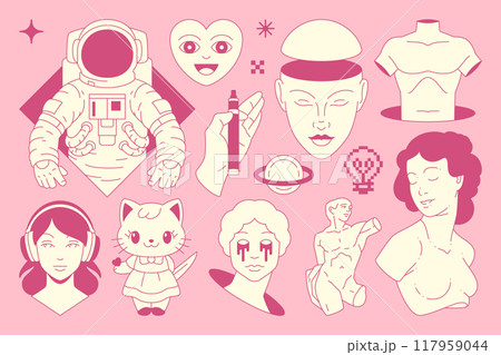 Y2k comic retro groovy pink emo girl Kawaii psychedelic icon set vector flat illustration 117959044