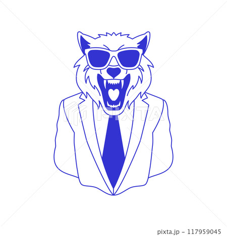 Y2k wolf business man in sunglasses tie suit blue sketch line icon vector flat illustration 117959045