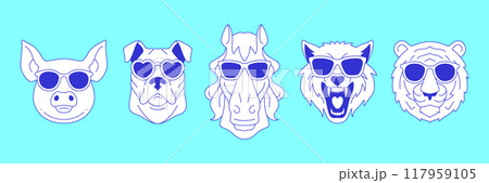 Y2k comic animal portrait in sunglasses contemporary pop art line icon set vector flat illustration 117959105