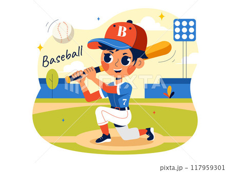 A Baseball Kids Player in Uniform is Throwing, Catching, or Hitting a Ball with Bats and Gloves on a Court Stadium in a Cartoon Vector Illustration 117959301