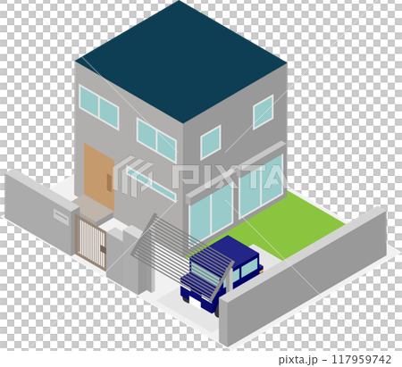 アイソメトリックな跳ね上げ式カーゲートのある家のイメージ素材 アイソメトリックな跳ね上げ式カーゲートのある家のイメージ素材 117959742