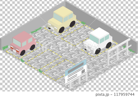 アイソメトリックな砂利敷きの月極駐車場のイメージ素材 117959744