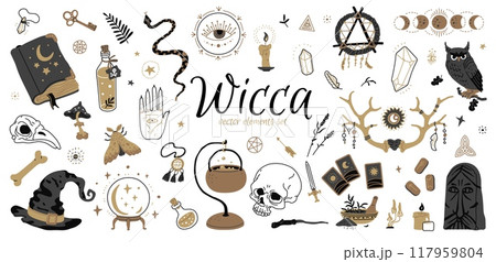 A set used in alchemy and witchcraft designs. Flat style. 117959804