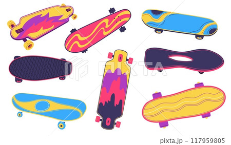 Skateboards and longboards different shapes and colors, vector cartoon skateboard cool design collection view from above 117959805