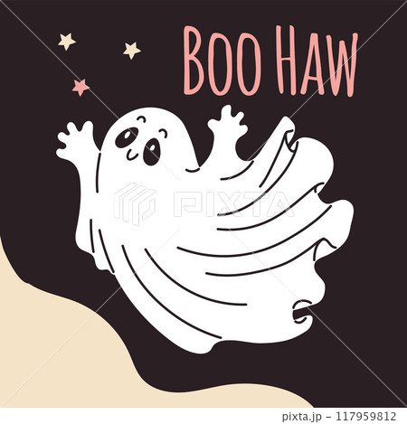 A Halloween poster with vector graphics depicting a flying ghost surrounded by stars 117959812
