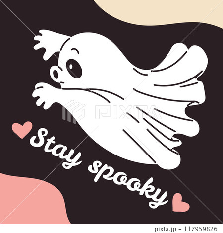 Cute flying and scaring white ghost, cartoon kind night spirit spook, funny Halloween vector design, Stay spooky, hearts Cute flying and scaring white ghost, cartoon kind night spirit spook, funny Halloween vector design, Stay spooky, hearts 117959826