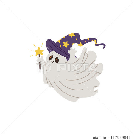 Vector illustrations for Halloween with a ghost in a wizard's hat with a magic wand 117959841
