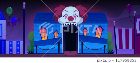 Vector illustration of a horror house entrance decorated as a scary clown mouth. 117959855