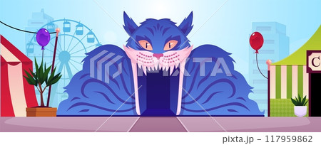 House of Fear. Building is in the shape of a Cheshire cat with fangs. 117959862