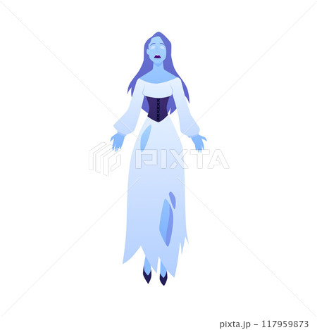 Illustration of a screaming ghost woman in an old torn dress floating in the air. Illustration of a screaming ghost woman in an old torn dress floating in the air. 117959873