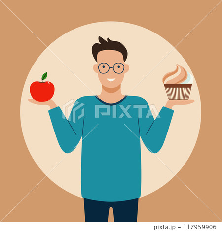 A caucasian hipster young man carries with his two hands cupcake and apple as his balance d A caucasian hipster young man carries with his two hands cupcake and apple as his balance d 117959906