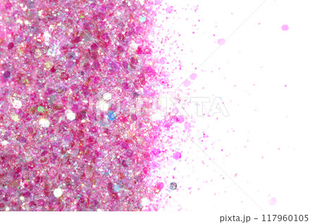 Close Up of Color Pink Shiny Confetti Glitter On White Background Close Up of Color Pink Shiny Confetti Glitter On White Background 117960105