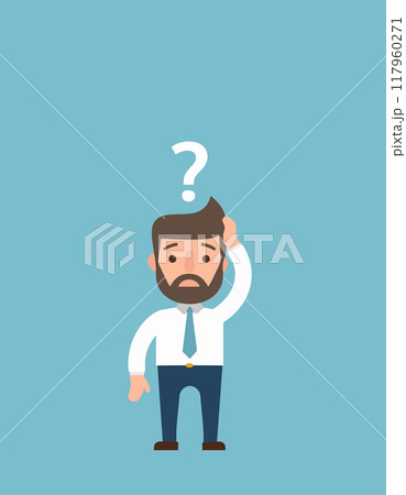 A sad Caucasian businessman with question mark over his head showing that he is in a big tro 117960271