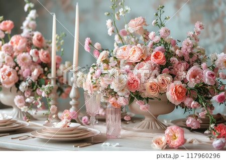 wedding table with decor floral composition made of pink flowers, floral installation, beauty and elegance 117960296