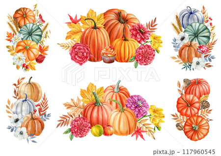 Pumpkin, flowers, leaves isolated white background, watercolor botanical illustration hand drawing autumn poster, card Pumpkin, flowers, leaves isolated white background, watercolor botanical illustration hand drawing autumn poster, card 117960545