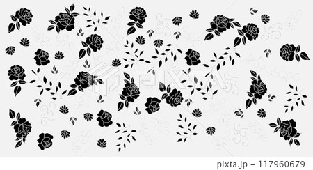 Chic black and white floral patterns with various flowers and leaves in a detailed, seamless design Chic black and white floral patterns with various flowers and leaves in a detailed, seamless design 117960679