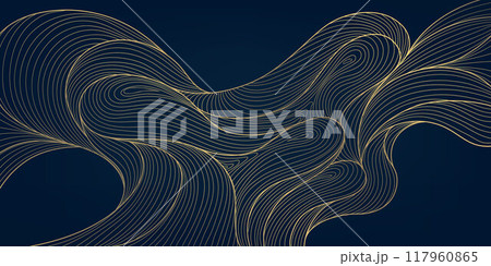 Vector art deco line gold wave background, abstract water texture, Japanese geometric sea illustration. Curve asian banner. Vector art deco line gold wave background, abstract water texture, Japanese geometric sea illustration. Curve asian banner. 117960865