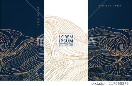 Vector set of art deco luxury wave patterns, gold and black fancy water cards, labels, brochures. Abstract line chocolate, wine package templates 117960873