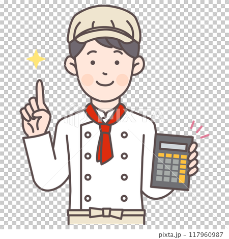 Male bakery staff holding a calculator 117960987