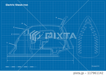 Electric steam iron blueprint. Equipment diagram. Electronic scheme of home appliances. Industrial outline drawing. Inside technology sketch Electric steam iron blueprint. Equipment diagram. Electronic scheme of home appliances. Industrial outline drawing. Inside technology sketch 117961142