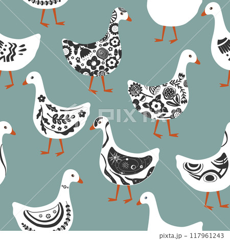 Cute abstract painted cartoon geese seamless pattern. Doodle patterned goose collection. Rustic, nursery, folk, or Scandinavian style. Vector background. 117961243
